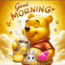 winnie the pooh is holding a cup of coffee and a honey pot .