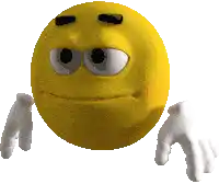 a yellow smiley face with white gloves around its arms