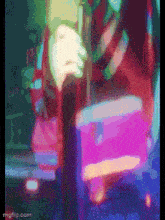 a pixel art painting of a person holding a pink box