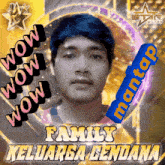 a man with blue hair is on a poster that says wow wow wow family