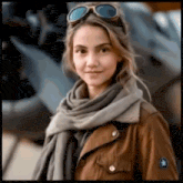 a woman wearing a scarf and goggles is standing in front of a plane
