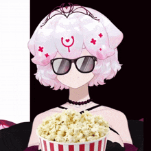 a girl wearing sunglasses and a tiara is holding a striped bowl of popcorn