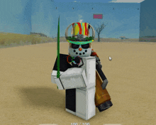 a video game character is holding a green sword