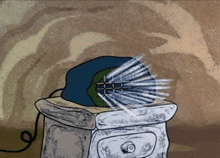 a cartoon drawing of a telephone with a blue and green face