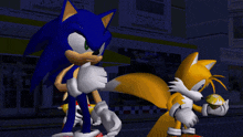 sonic the hedgehog and tails the fox standing in front of a restaurant