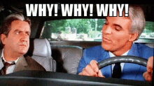 two men are sitting in a car and one of them is asking the other why .