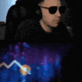 a man wearing sunglasses and headphones sits in a chair
