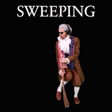 a man wearing a wig and sunglasses is sweeping the floor
