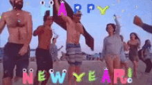 a group of people are dancing on a beach with the words happy new year written in the background .
