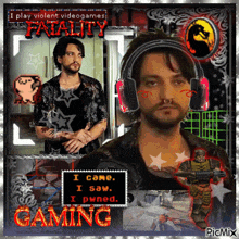 a picture of a man with headphones and the word gaming on it