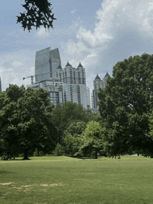 a park with tall buildings in the background and trees in the foreground