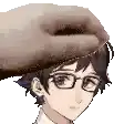 a pixel art of a boy wearing glasses and a hat with a hand on his head .