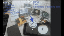 a collection of cd 's with the words bonus 2 stk cold beers & bleeding ears on the bottom