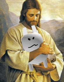 a painting of jesus holding a white bunny with a sad face