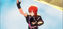 a cartoon character with red hair is standing on a stage