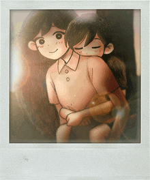 two cartoon characters are hugging each other in a polaroid frame