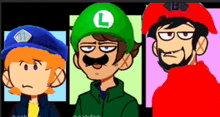 three cartoon characters are standing next to each other .