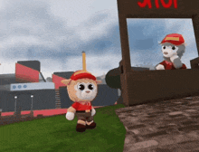 a stuffed animal is standing in front of a sign that says ' a101 ' on it
