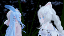 a girl with blue hair is standing next to a white girl