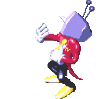 a cartoon character with a purple box on his head