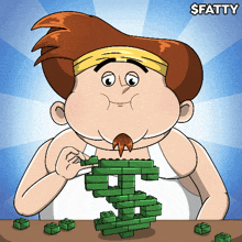 a cartoon of a fat man eating a dollar sign made out of lego