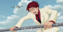 a man in a suit and tie is holding a stick with the word chadachi written on it