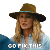 a woman wearing a hat and a blue shirt says go fix this