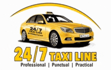 a logo for 24/7 taxi line with a yellow car