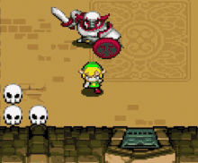 a video game with skulls and a knight with a sword and shield