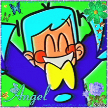 a cartoon character with the name angel on the bottom right