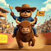 a cartoon bear is riding a bull and holding a sign that says boi on it