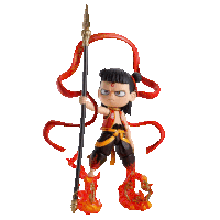 a figurine of a boy holding a spear with red ribbons around his neck