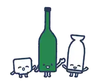 a cartoon drawing of a bottle and two squares