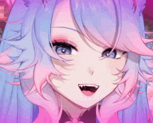 a close up of a anime girl with pink hair and blue eyes