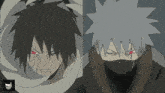 a drawing of a man with red eyes and a man with grey hair