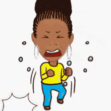 a cartoon of a woman in a yellow shirt and blue pants