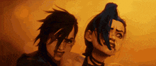 a couple of cartoon characters are standing next to each other with their faces covered in blood .