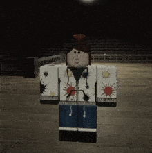 a cartoon character wearing a white shirt with spots on it and a bun