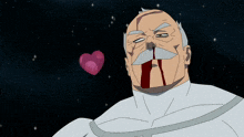 a man with blood on his face is holding a heart in his hand