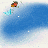 a blue background with a circle in the middle and two butterflies