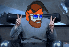 a cartoon of a man with a beard wearing headphones and sunglasses giving a peace sign