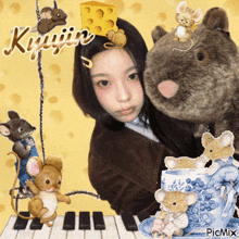 a picture of a girl surrounded by stuffed mice with the name kyujin on top