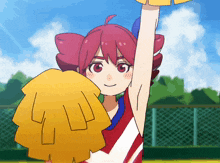 a cheerleader with red hair is wearing a red white and blue uniform