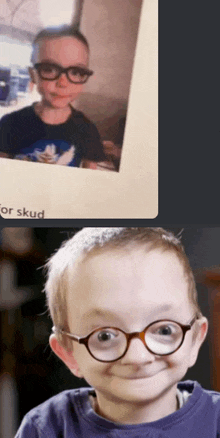 a picture of a young boy wearing glasses next to a picture of the same boy