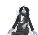 a cartoon character with a fish head is sitting on a rock