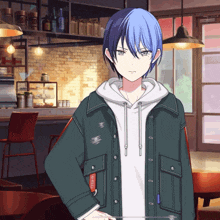 a boy with blue hair is wearing a jacket that says tokyo