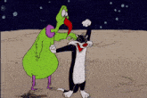 a black and white cartoon character with a green scarf around his neck