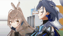 two anime girls are standing next to each other and one has a feather in her hair