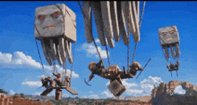 a group of minecraft characters are flying in the sky