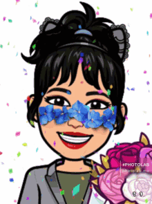 a cartoon of a woman with blue flowers on her eyes
